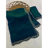 { "alt_text": "Bottle green satin embellished saree with unstitched blouse, 5.5 meter ethnic wear, Indian traditional clothing" }