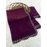 { "alt_text": "Wine satin embellished saree with unstitched blouse 5.5m, elegant ethnic wear for women" }