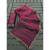 { "alt_text": "Burgundy satin embellished saree with unstitched blouse, 5.5m, traditional Indian ethnic wear" }