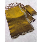 { "alt_text": "Mustard satin embellished saree with unstitched blouse 5.5m, traditional Indian ethnic wear" }