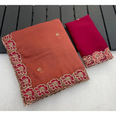 { "alt_text": "Orange georgette saree with embroidery, star print ethnic wear, unstitched blouse 5.5mtr" }
