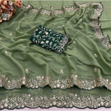 Women's Star Georgette Embroidered Saree With Unstitched Blouse 5.5Mtr (Green)