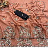 { "alt_text": "Peach viscose silk embroidered saree with unstitched blouse, 5.5Mtr ethnic wear for women" }