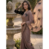 { "alt_text": "Brown viscose silk embroidered saree with unstitched blouse, 5.5Mtr ethnic wear for women" }