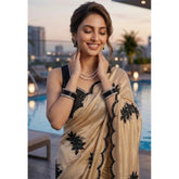 { "alt_text": "Beige viscose silk embroidered saree with unstitched blouse, 5.5Mtr ethnic wear for women" }