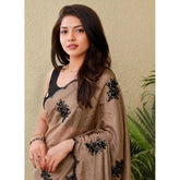 { "alt_text": "Brown viscose silk embroidered saree with unstitched blouse, 5.5Mtr ethnic wear for women" }