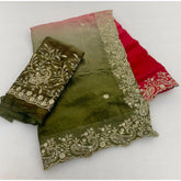 { "alt_text": "Multicolor satin embellished saree with unstitched blouse, 5.5m, ethnic wear, Indian fashion" }