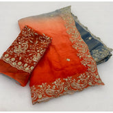 { "alt_text": "Multicolor satin embellished saree with unstitched blouse, 5.5m, ethnic wear, Indian fashion" }