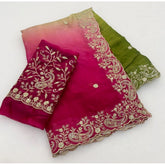 { "alt_text": "Multicolor satin embellished saree with unstitched blouse, 5.5m, ethnic wear, Indian fashion" }