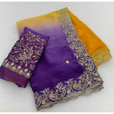 { "alt_text": "Multicolor satin embellished saree with unstitched blouse, 5.5m, ethnic wear, wedding attire" }