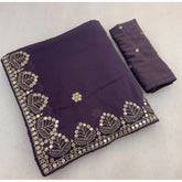 { "alt_text": "Lavender georgette saree with embellishment, unstitched blouse, 5.5mtr ethnic wear for women" }