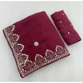 { "alt_text": "Maroon georgette saree with embellishment, unstitched blouse, 5.5Mtr ethnic wear for women" }