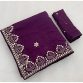 { "alt_text": "Purple georgette saree with embellishment, unstitched blouse, 5.5Mtr ethnic wear for women" }