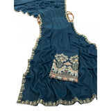 Women's Art Silk Embroidered Saree With Unstitched Blouse 5.5Mtr (Blue)