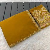 { "alt_text": "Yellow art silk embroidered saree with unstitched blouse, 5.5m, ethnic wear fashion" }
