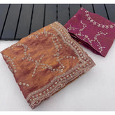 { "alt_text": "Peach silk embellished saree with unstitched blouse, 5.5Mtr, traditional Indian ethnic wear" }