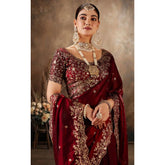 { "alt_text": "Maroon silk embroidered saree with unstitched blouse, 5.5Mtr, traditional Indian ethnic wear" }
