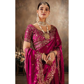 { "alt_text": "Pink silk embroidered saree with unstitched blouse, 5.5Mtr, traditional Indian ethnic wear" }
