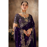 { "alt_text": "Purple silk embroidered saree with unstitched blouse, 5.5Mtr traditional Indian ethnic wear" }