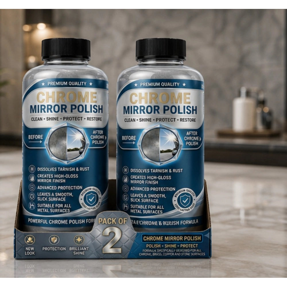 { "alt_text": "Chrome liquid polish bottles, 100 ML, restoring shine for mirror and chrome surfaces, 2 bottles pack" }