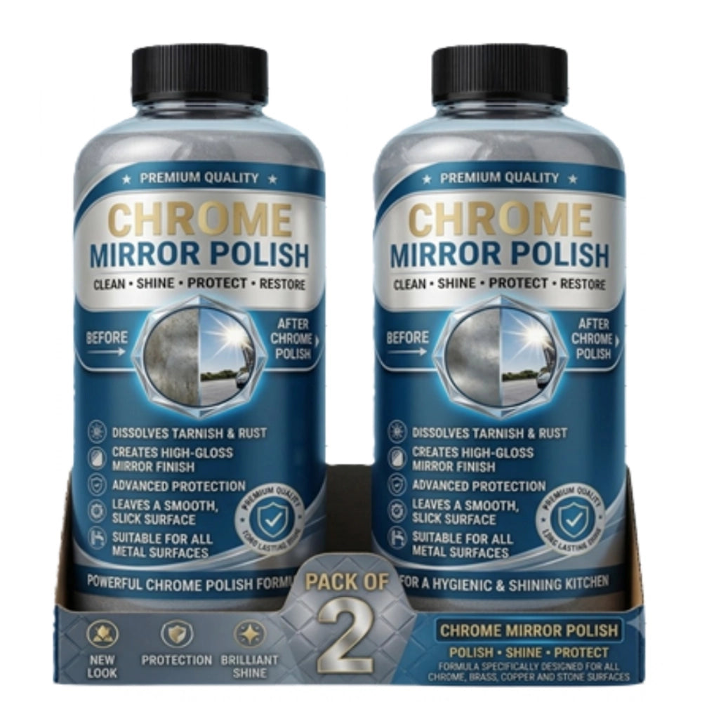 { "alt_text": "Chrome liquid polish bottles, 100 ML, restoring shine for mirror and chrome surfaces, 2 bottles pack" }