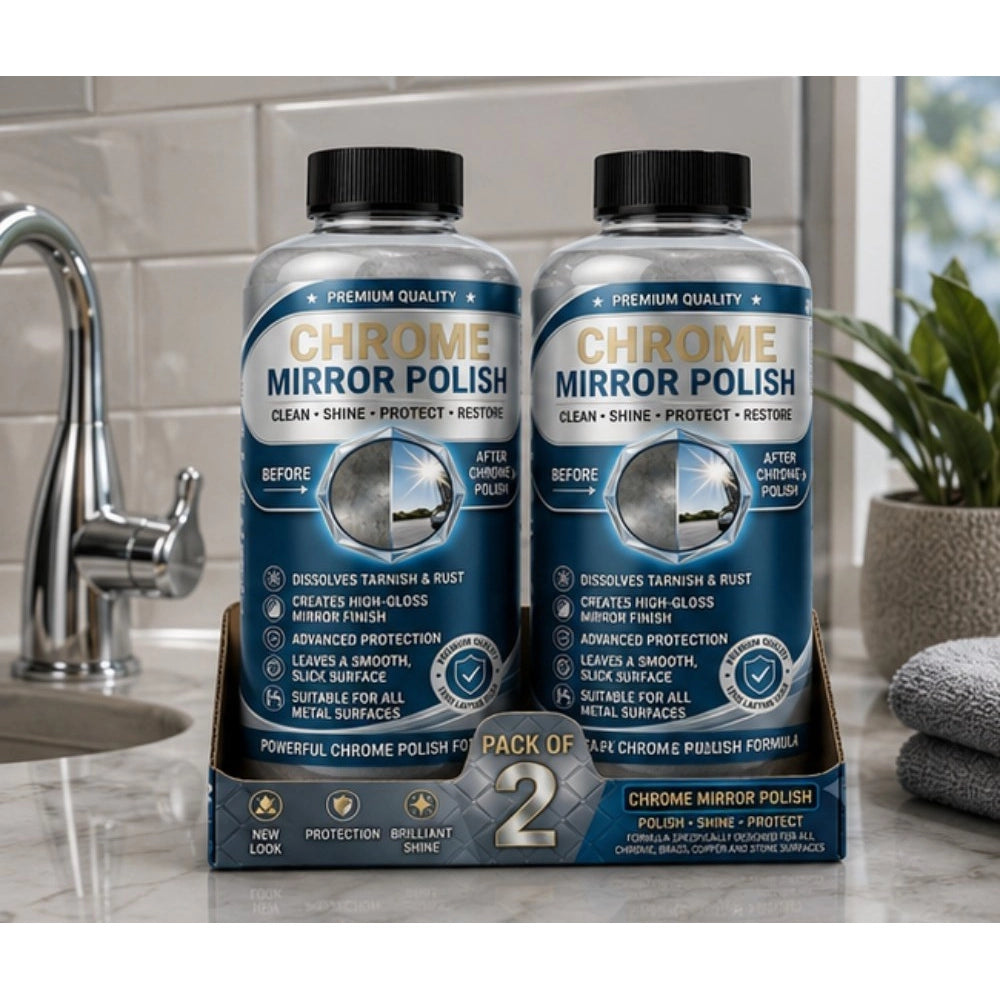 { "alt_text": "Chrome liquid polish bottles, 100 ML, restoring shine for mirror and chrome surfaces, 2 bottles pack" }
