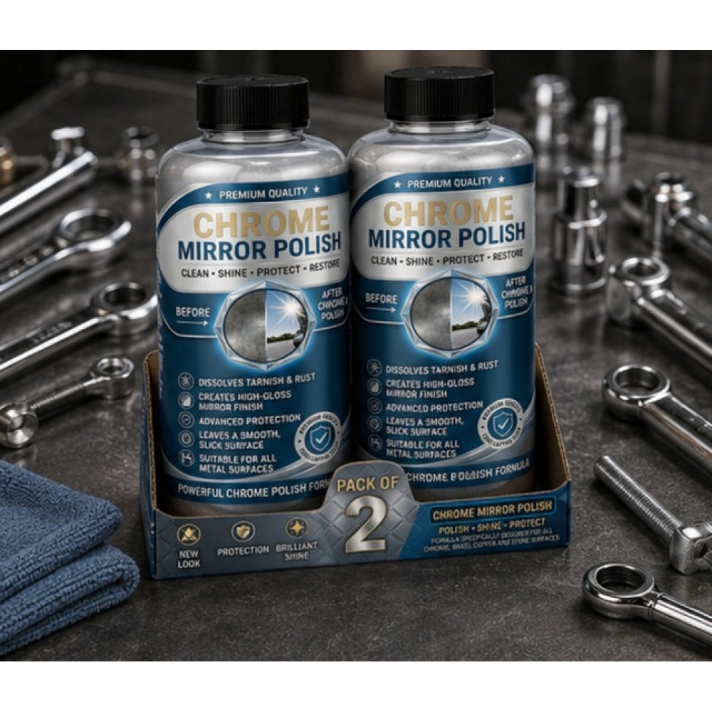 { "alt_text": "Chrome liquid polish bottles, 100 ML, restoring shine for mirror and chrome surfaces, 2 bottles pack" }