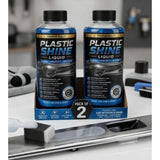 { "alt_text": "Clear plastic shine liquid bottles, 100 ML, pack of 2, for enhancing plastic surfaces and shine" }