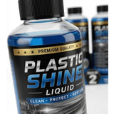 { "alt_text": "Clear plastic shine liquid bottles, 100 ML, pack of 2, for enhancing plastic surfaces and shine" }
