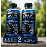 { "alt_text": "Clear liquid chain cleaner bottles, 100 ML, pack of 2, removes dirt and grease from bicycle chains" }