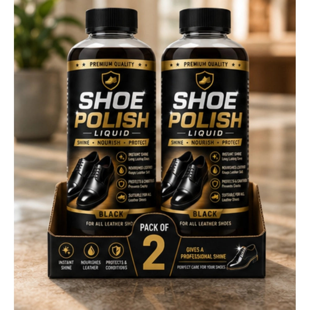 { "alt_text": "Brown liquid shoe polish kit, pack of 2 bottles, 100 ML, restores shine for men's footwear" }