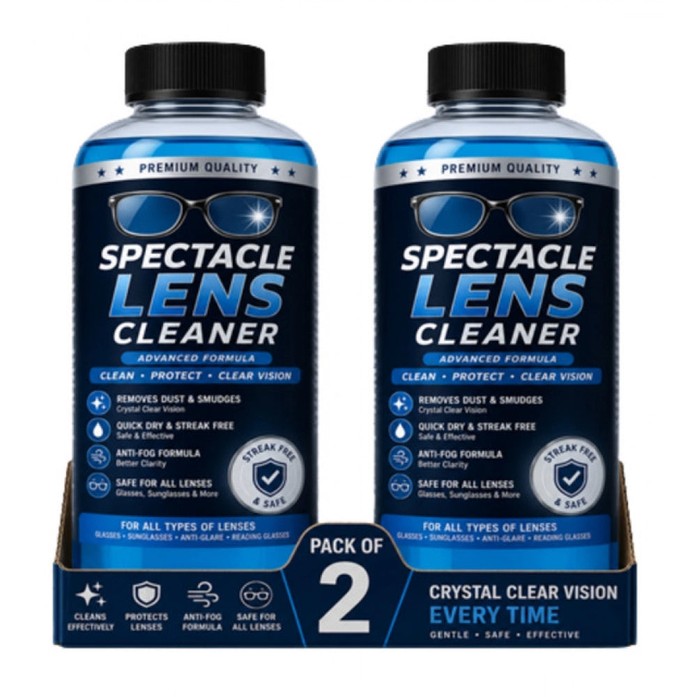 { "alt_text": "Clear liquid spectacle lens cleaner bottles, 100 ML pack of 2, for removing dust and smudges" }