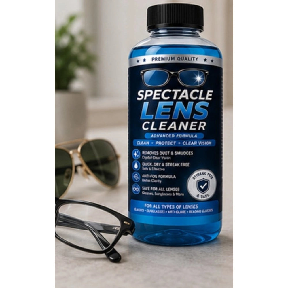 { "alt_text": "Clear liquid spectacle lens cleaner bottles, 100 ML pack of 2, for removing dust and smudges" }