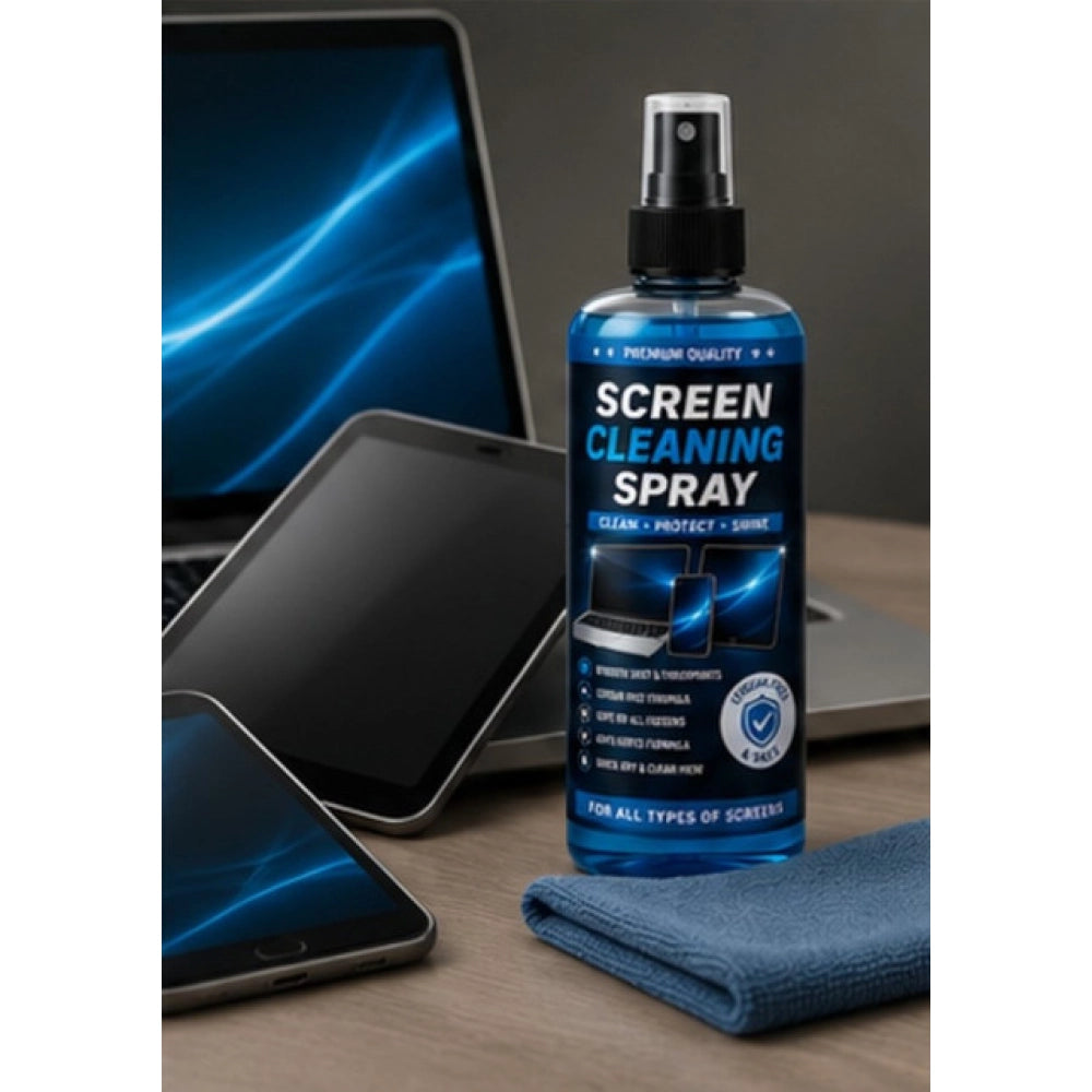 { "alt_text": "Clear spray bottle screen cleaning liquid kit, 100 ML, for electronics, removing fingerprints and dirt" }