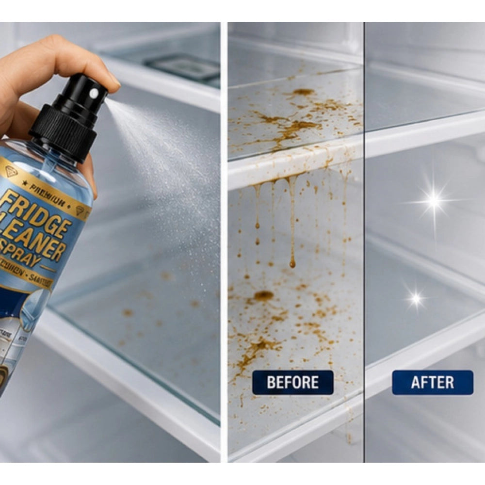 { "alt_text": "Clear liquid fridge cleaner bottles, 100 ML, pack of 2, fresh fruit scent, refrigerator interior cleaning spray" }