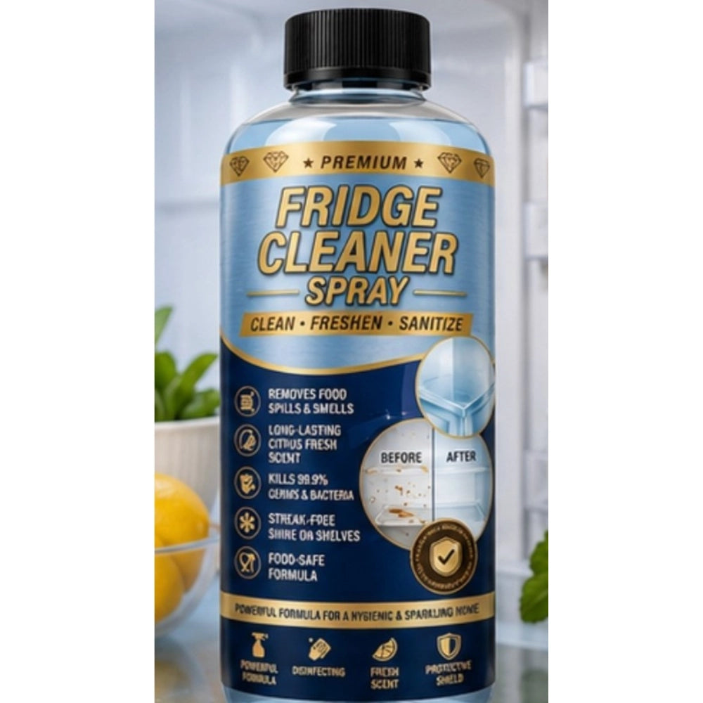 { "alt_text": "Clear liquid fridge cleaner bottles, 100 ML, pack of 2, fresh fruit scent, refrigerator interior cleaning spray" }