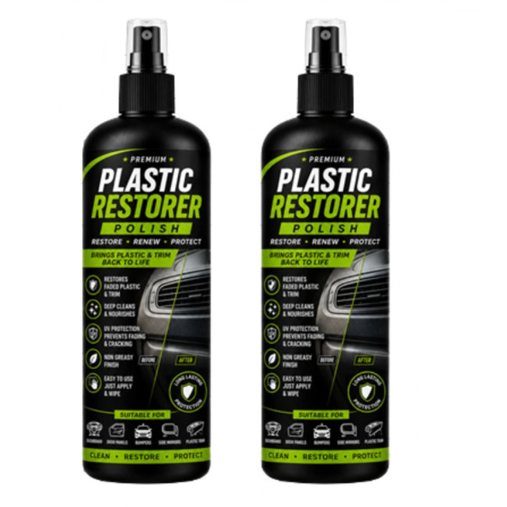 { "alt_text": "Clear plastic restorer polish liquid spray bottles, 100 ML, restores shine, car detailing, plastic cleaner" }