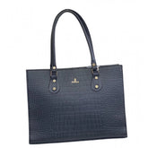 { "alt_text": "Black polyurethane croco shoulder tote bag, women's PU handbag, stylish croc-embossed shoulder bag" }
