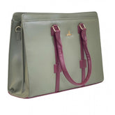 { "alt_text": "Sage green polyurethane structured shoulder tote handbag for women, solid color, dual handle, stylish accessory" }