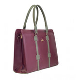 { "alt_text": "Burgundy-gray polyurethane structured shoulder tote handbag for women, solid style, dual handle fashion accessory" }