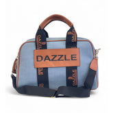 { "alt_text": "Blue polyurethane textured duffle bag for women, adjustable strap, travel luggage, gym bag" }
