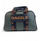 { "alt_text": "Dark green polyurethane textured duffle bag for women, adjustable strap, travel luggage" }
