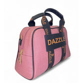 { "alt_text": "Pink polyurethane textured duffle bag for women, adjustable strap, stylish travel luggage" }