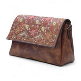 { "alt_text": "Dark brown polyurethane crossbody sling bag with floral embroidery, adjustable strap, women's fashion accessory" }