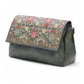 { "alt_text": "Green polyurethane floral embroidered crossbody sling bag, adjustable strap, women's fashion accessory" }