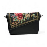 Women's Polyurethane Floral Embroidered Crossbody Sling Bag with Adjustable & Removable Strap (Black)