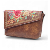 { "alt_text": "Brown polyurethane crossbody sling bag with floral embroidery, adjustable strap, women's fashion accessory" }