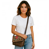 Women's Polyurethane Floral Embroidered Crossbody Sling Bag with Adjustable & Removable Strap (Brown)
