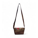 Women's Polyurethane Floral Embroidered Crossbody Sling Bag with Adjustable & Removable Strap (Brown)