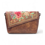 Women's Polyurethane Floral Embroidered Crossbody Sling Bag with Adjustable & Removable Strap (Brown)